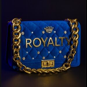 Royalty Blue Velvet Quilted Handbag-Gold Chain Luxury Crown Purse w/Rhinestones